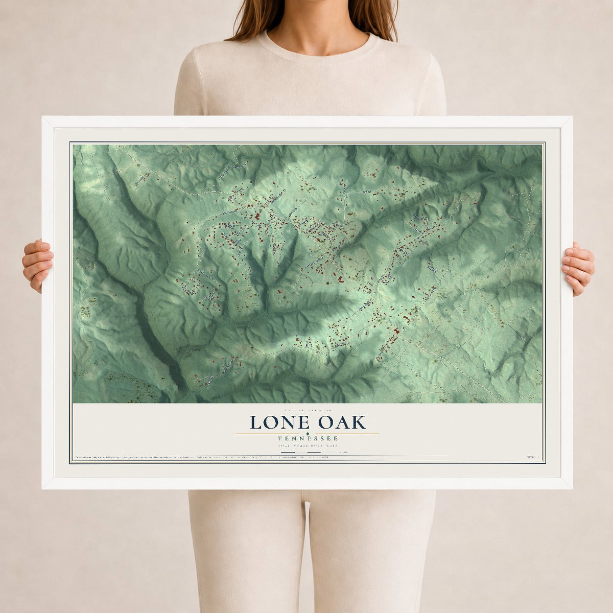 Map of Lone Oak, Tennessee, 24 x 36 inch print in a white wood frame
