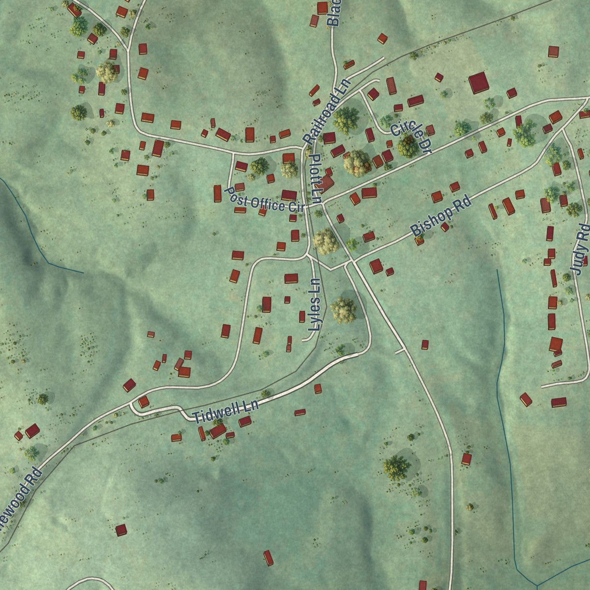Close-up of the map of Lyles, Tennessee print showing street and building detail