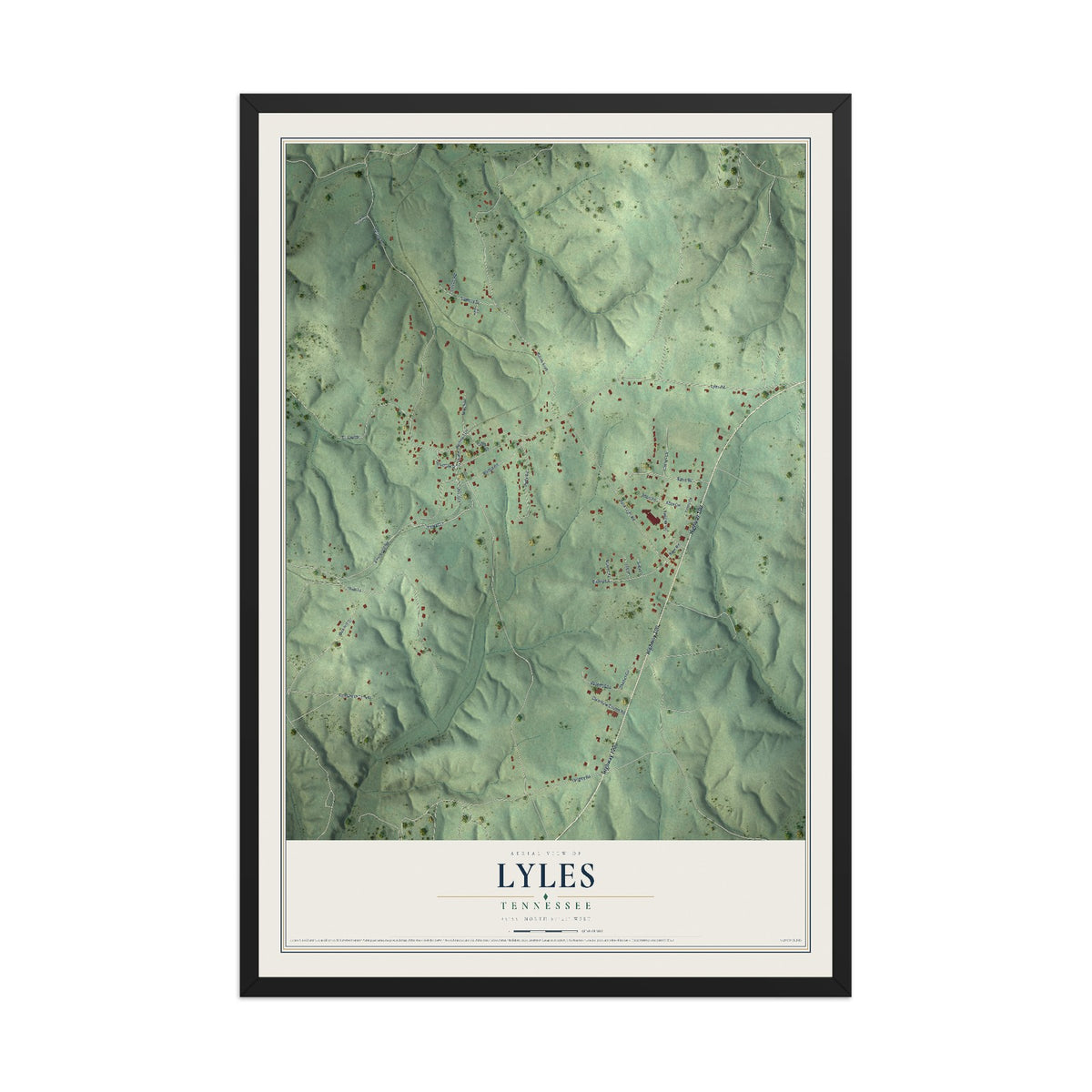 Map of Lyles, Tennessee, 12 x 18 inch print in a black wood frame