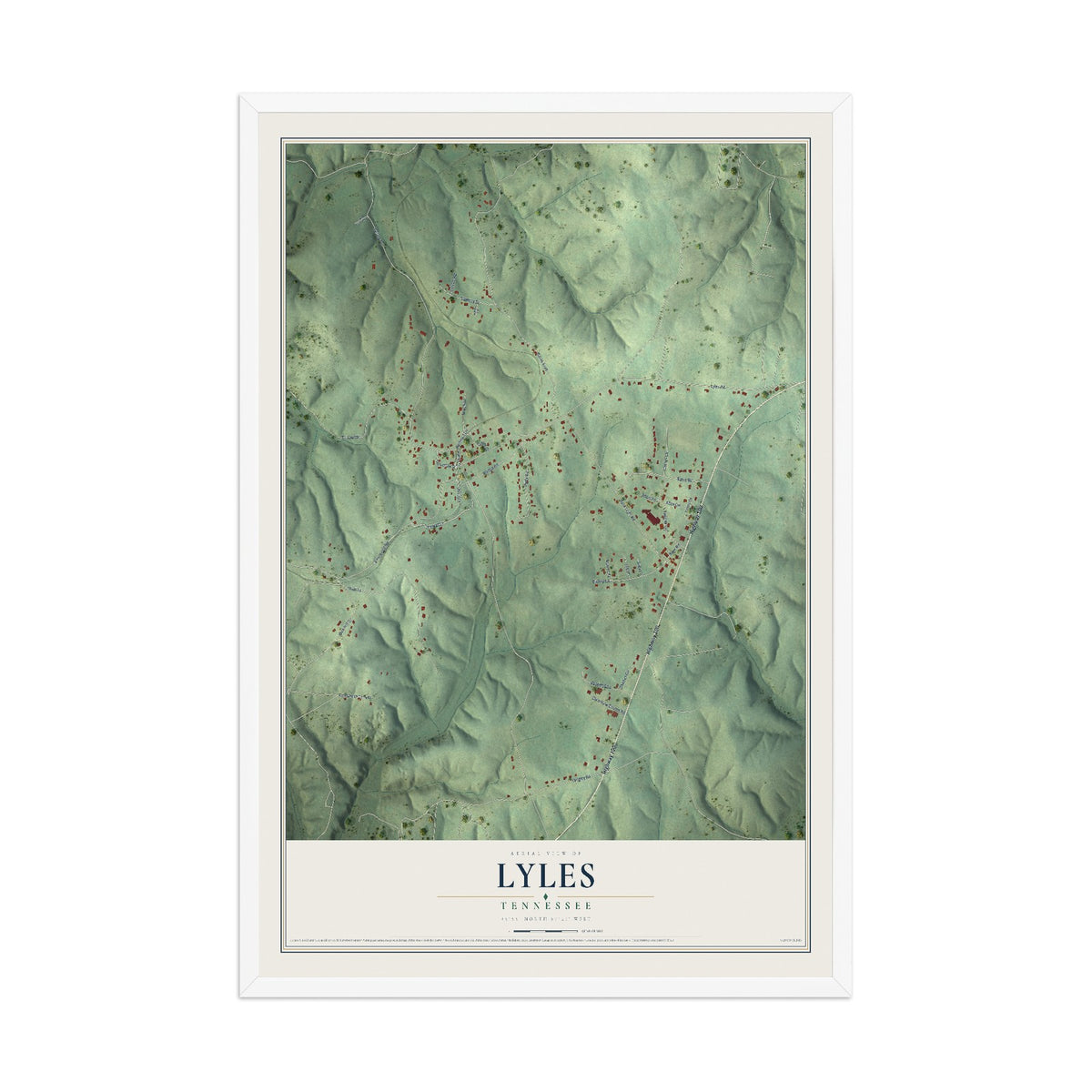 Map of Lyles, Tennessee, 12 x 18 inch print in a white wood frame