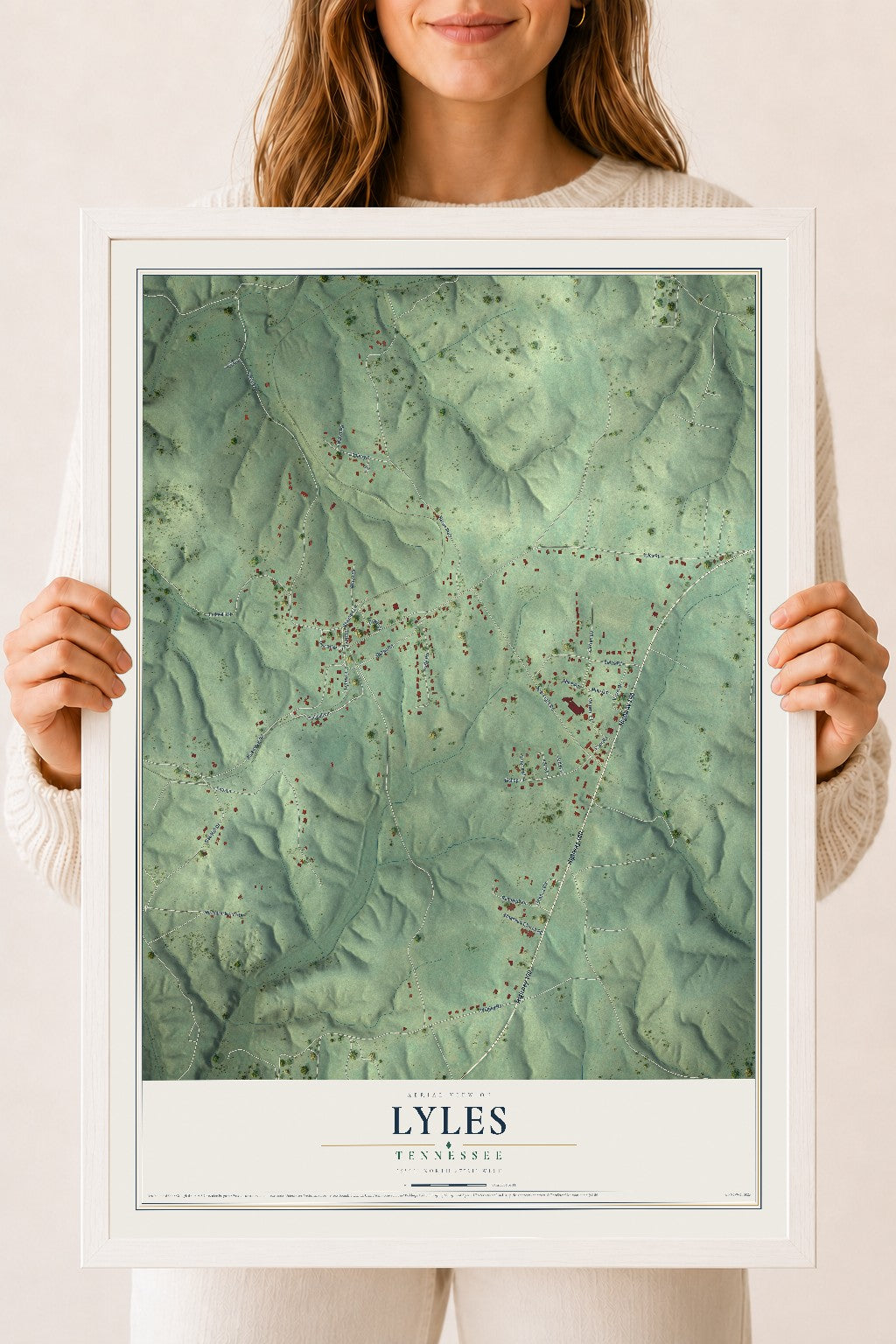 Map of Lyles, Tennessee, 18 x 24 inch print in a white wood frame