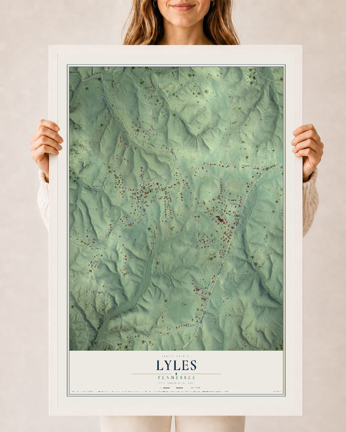 Map of Lyles, Tennessee, 24 x 36 inch print in a white wood frame