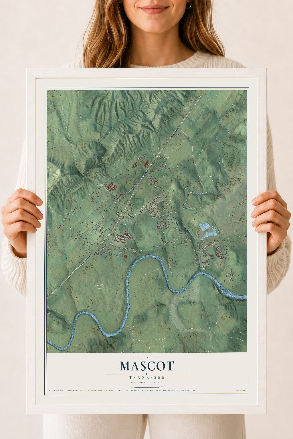 Map of Mascot, Tennessee, 18 x 24 inch print in a white wood frame