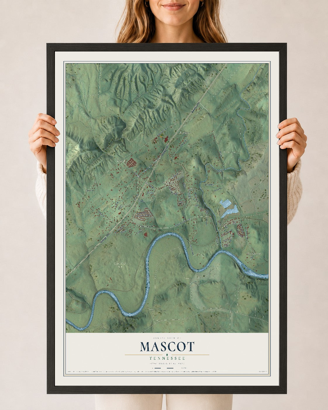 Map of Mascot, Tennessee, 24 x 36 inch print in a black wood frame