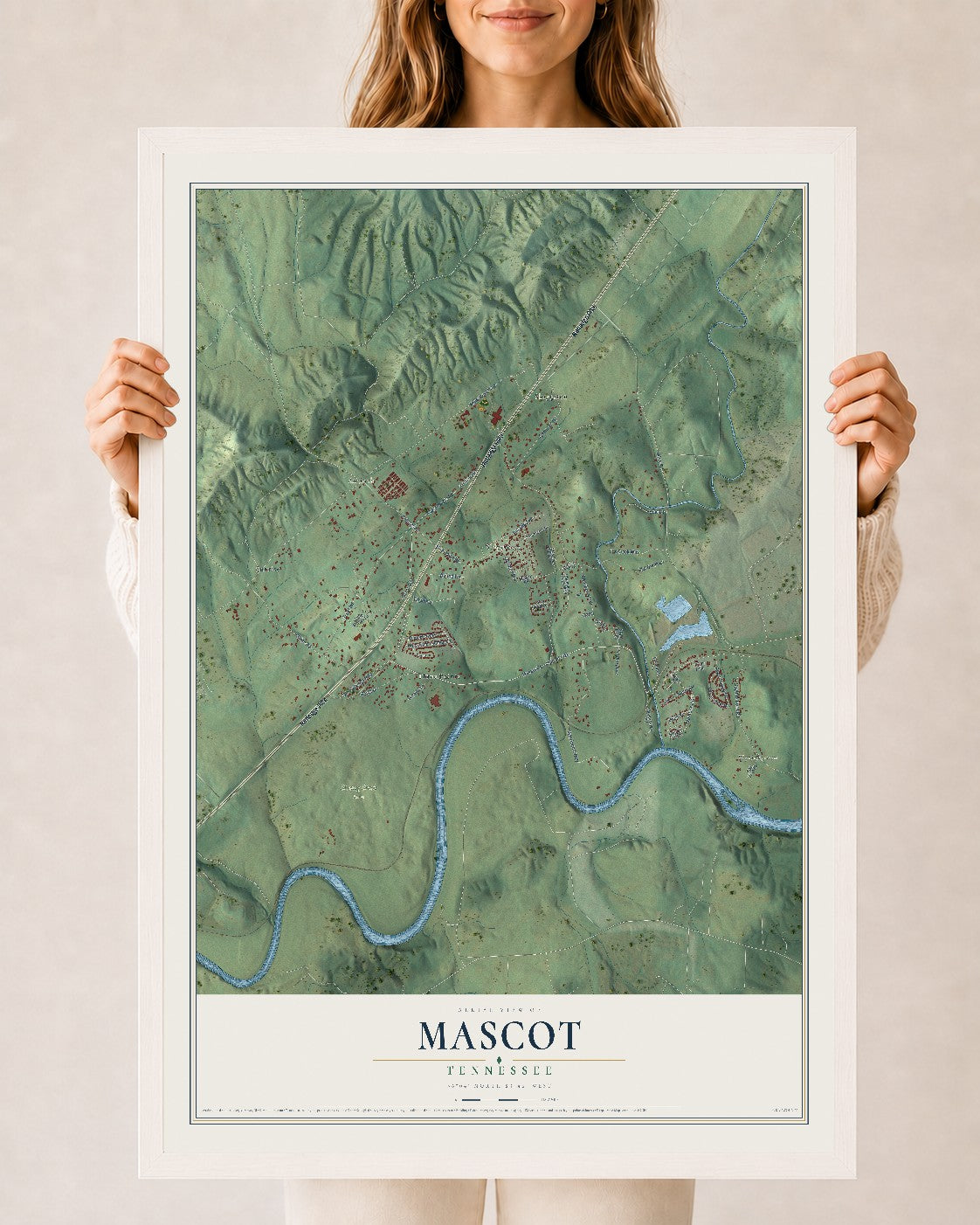 Map of Mascot, Tennessee, 24 x 36 inch print in a white wood frame