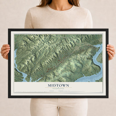 Map of Midtown, Tennessee, 12 x 18 inch print in a black wood frame