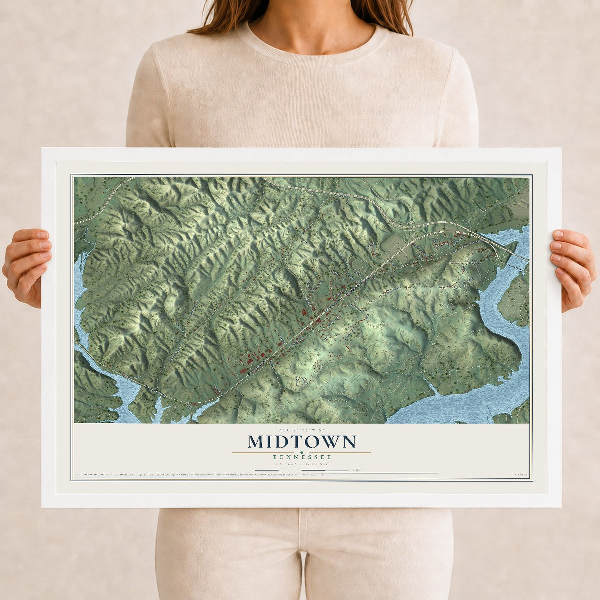 Map of Midtown, Tennessee, 12 x 18 inch print in a white wood frame
