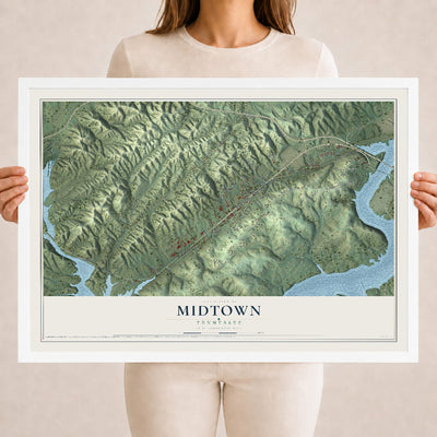 Map of Midtown, Tennessee, 18 x 24 inch print in a white wood frame