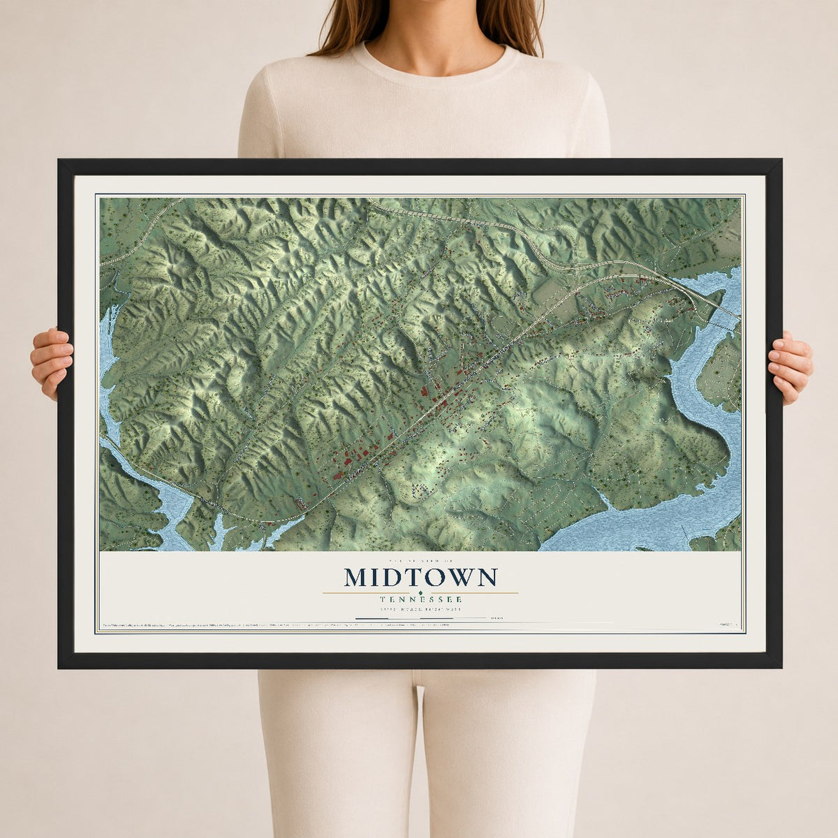 Map of Midtown, Tennessee, 24 x 36 inch print in a black wood frame