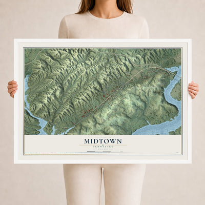 Map of Midtown, Tennessee, 24 x 36 inch print in a white wood frame