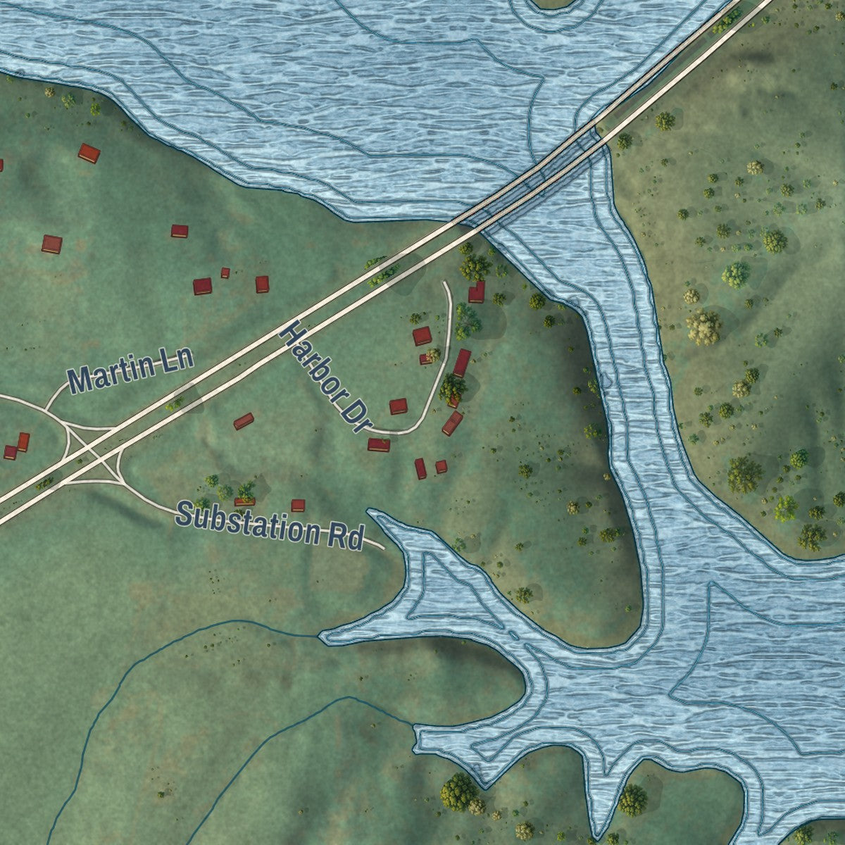 Close-up of the map of Mooresburg, Tennessee print showing street and building detail