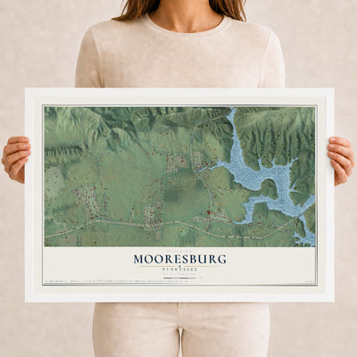 Map of Mooresburg, Tennessee, 12 x 18 inch print in a white wood frame