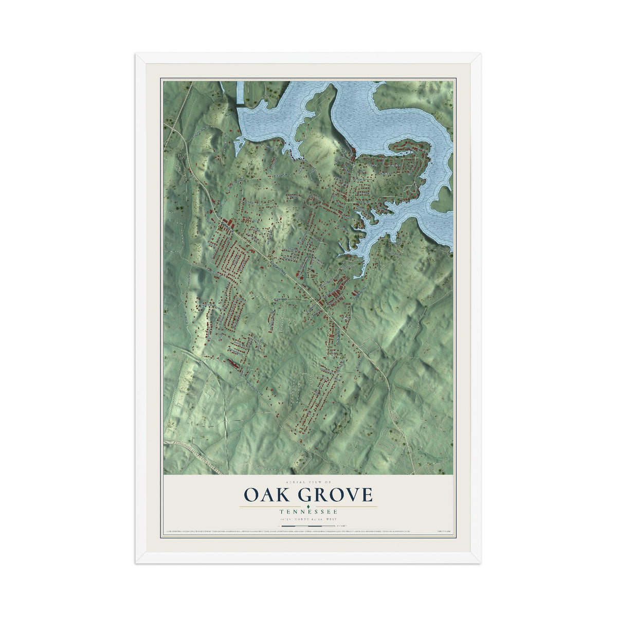 Map of Oak Grove, Tennessee, 12 x 18 inch print in a white wood frame