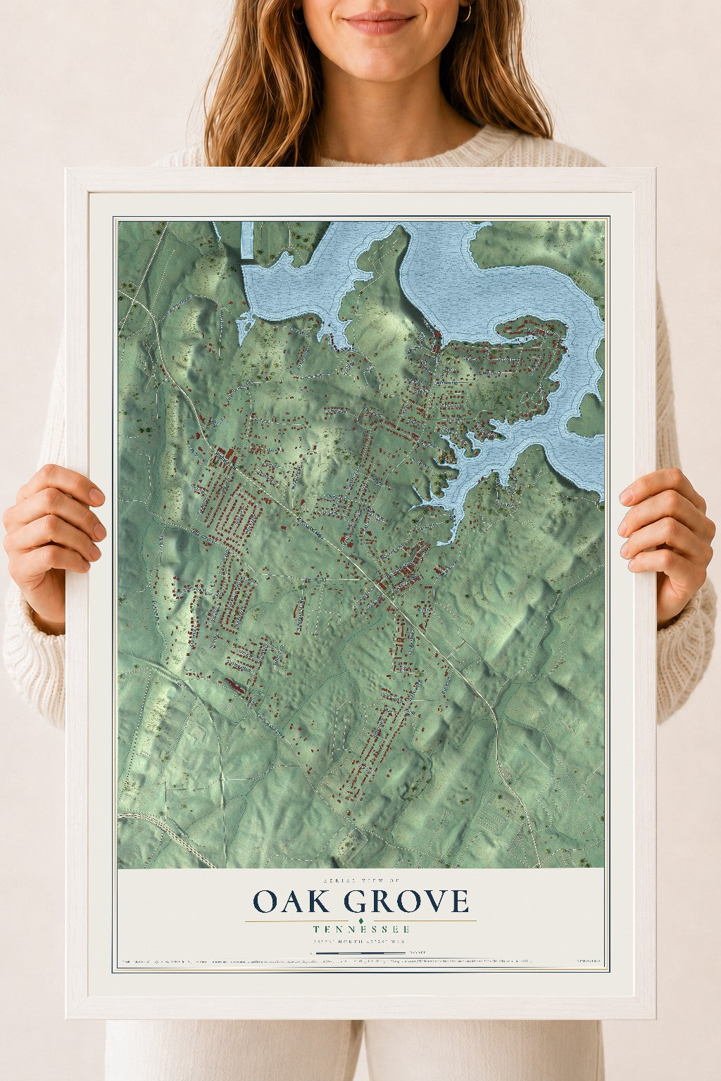 Map of Oak Grove, Tennessee, 18 x 24 inch print in a white wood frame