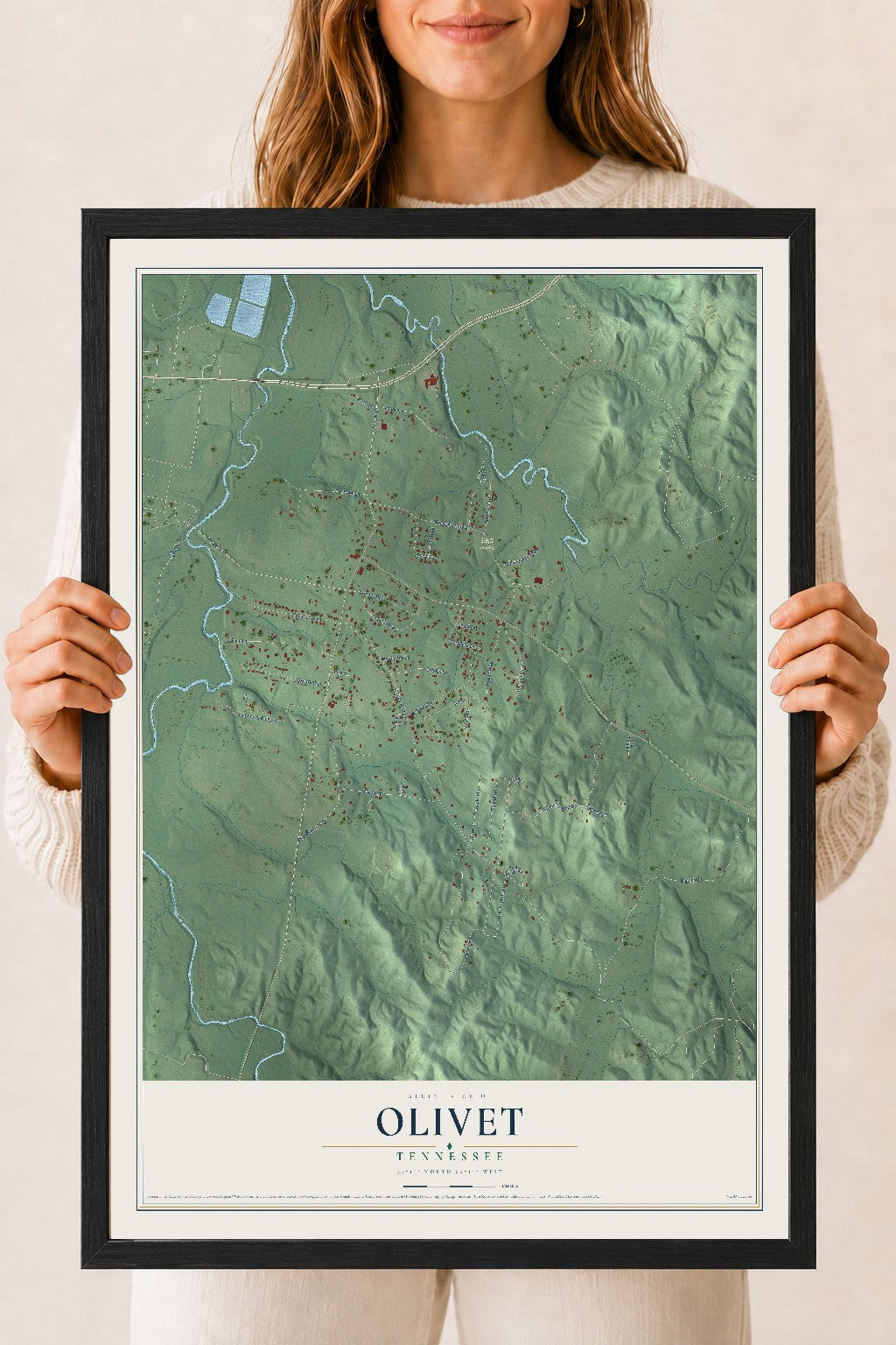 Map of Olivet, Tennessee, 18 x 24 inch print in a black wood frame