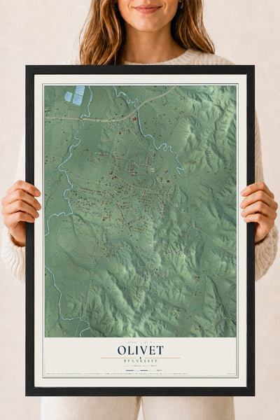 Map of Olivet, Tennessee, 18 x 24 inch print in a black wood frame
