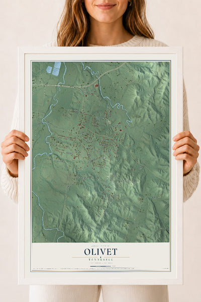 Map of Olivet, Tennessee, 18 x 24 inch print in a white wood frame