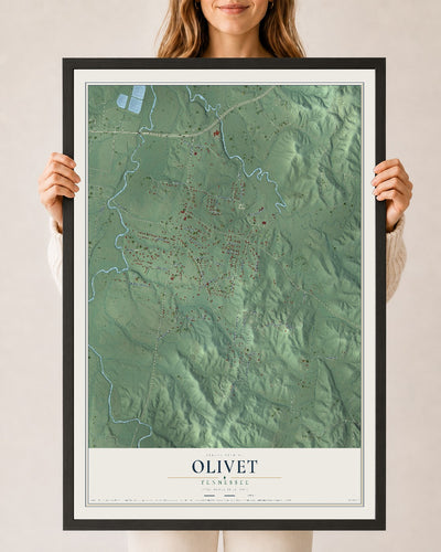 Map of Olivet, Tennessee, 24 x 36 inch print in a black wood frame