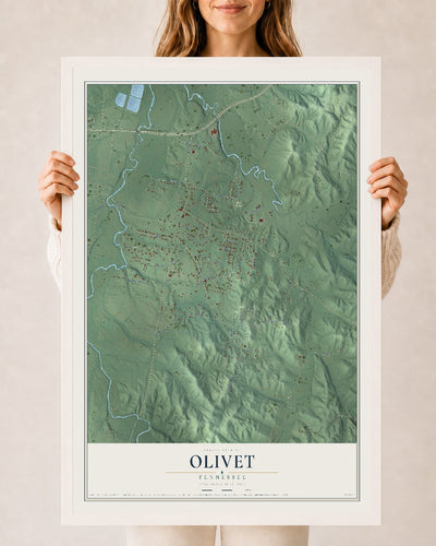 Map of Olivet, Tennessee, 24 x 36 inch print in a white wood frame