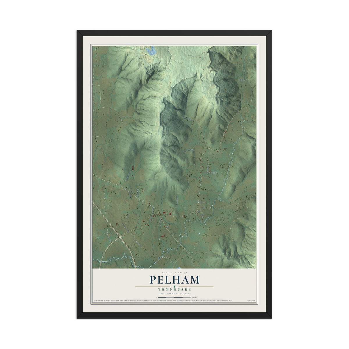 Map of Pelham, Tennessee, 12 x 18 inch print in a black wood frame