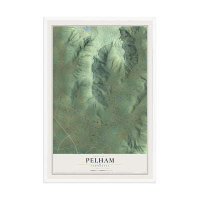 Map of Pelham, Tennessee, 12 x 18 inch print in a white wood frame