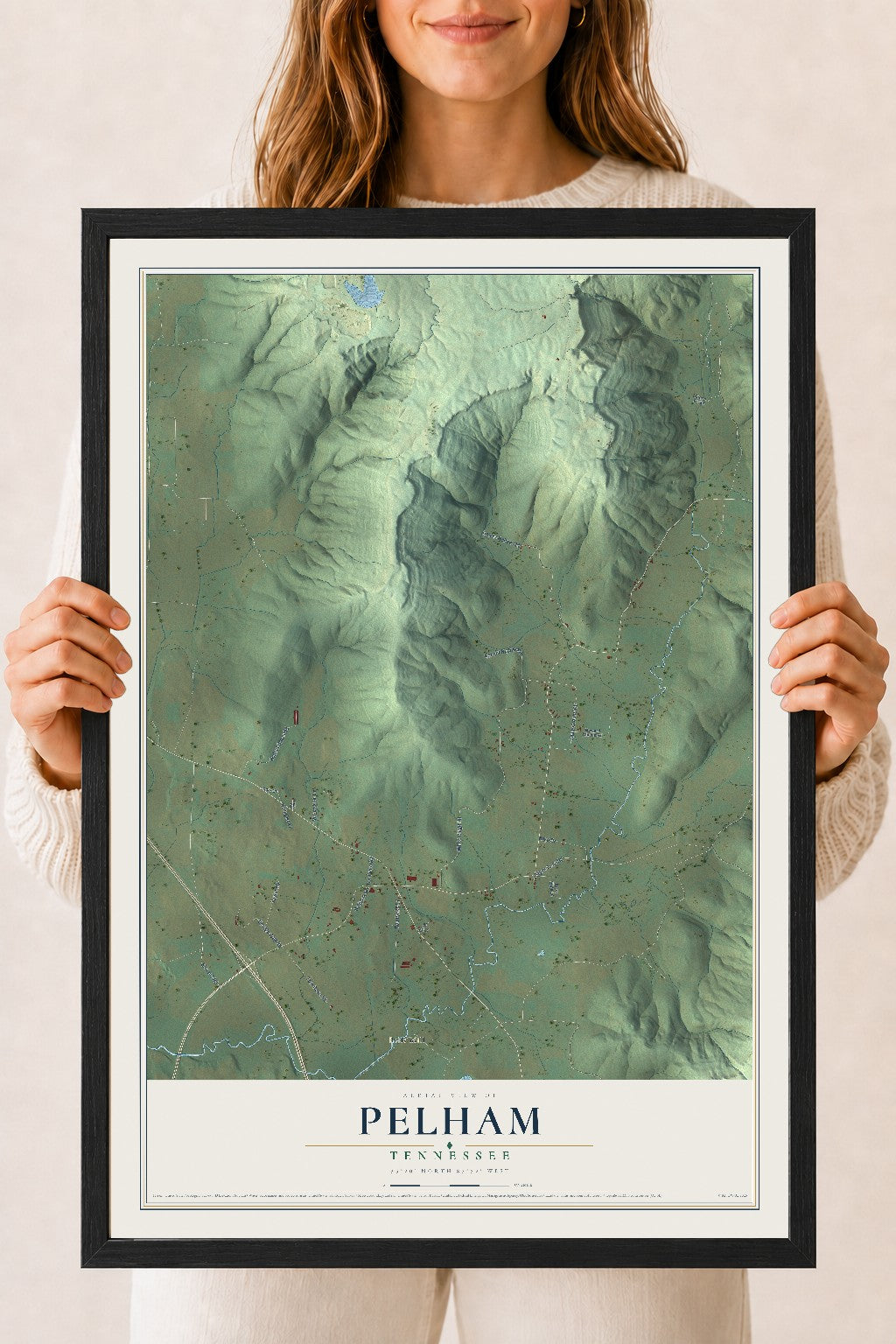 Map of Pelham, Tennessee, 18 x 24 inch print in a black wood frame