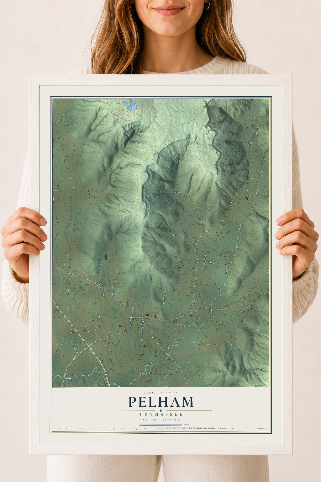 Map of Pelham, Tennessee, 18 x 24 inch print in a white wood frame