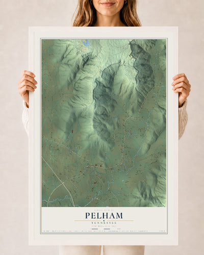 Map of Pelham, Tennessee, 24 x 36 inch print in a white wood frame