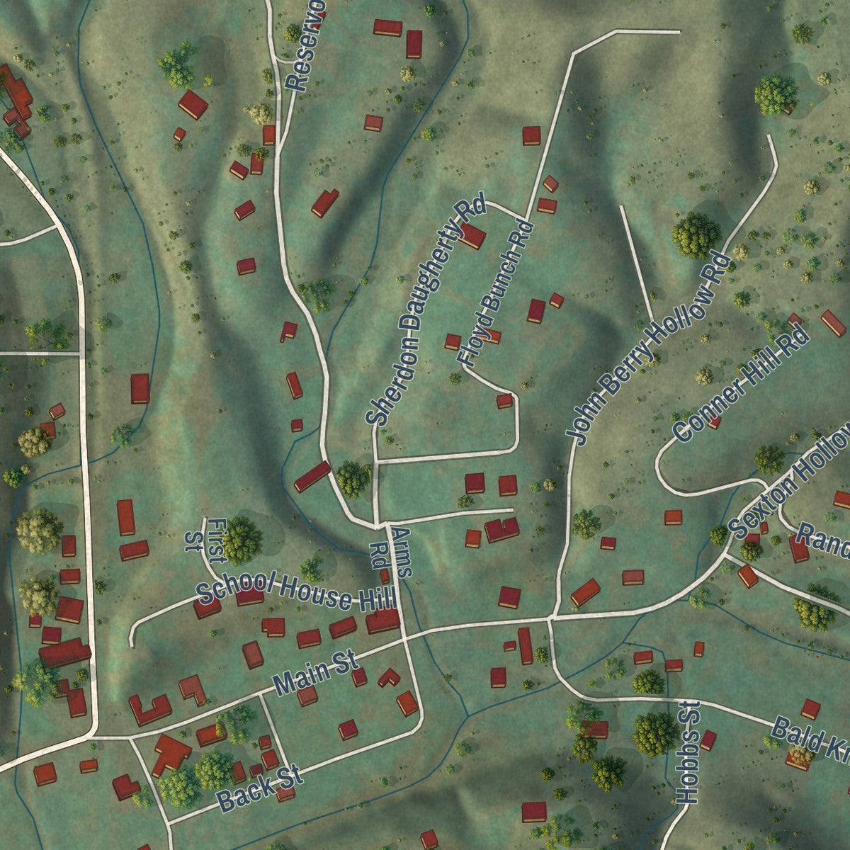 Close-up of the map of Petros, Tennessee print showing street and building detail