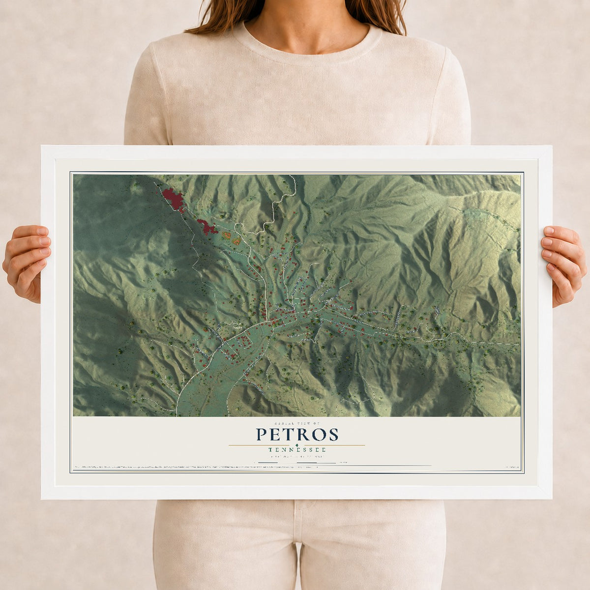 Map of Petros, Tennessee, 12 x 18 inch print in a white wood frame