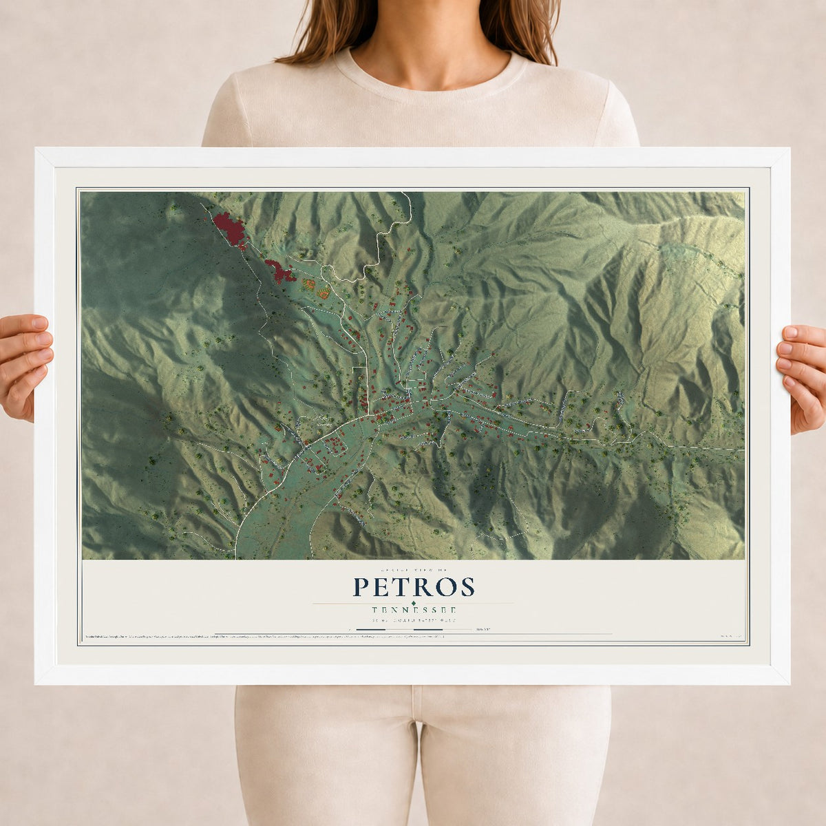Map of Petros, Tennessee, 18 x 24 inch print in a white wood frame