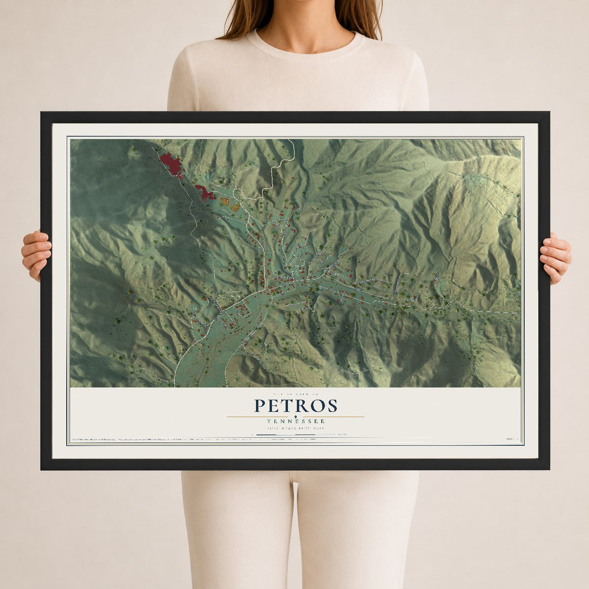 Map of Petros, Tennessee, 24 x 36 inch print in a black wood frame