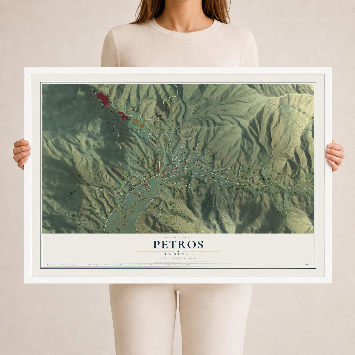 Map of Petros, Tennessee, 24 x 36 inch print in a white wood frame