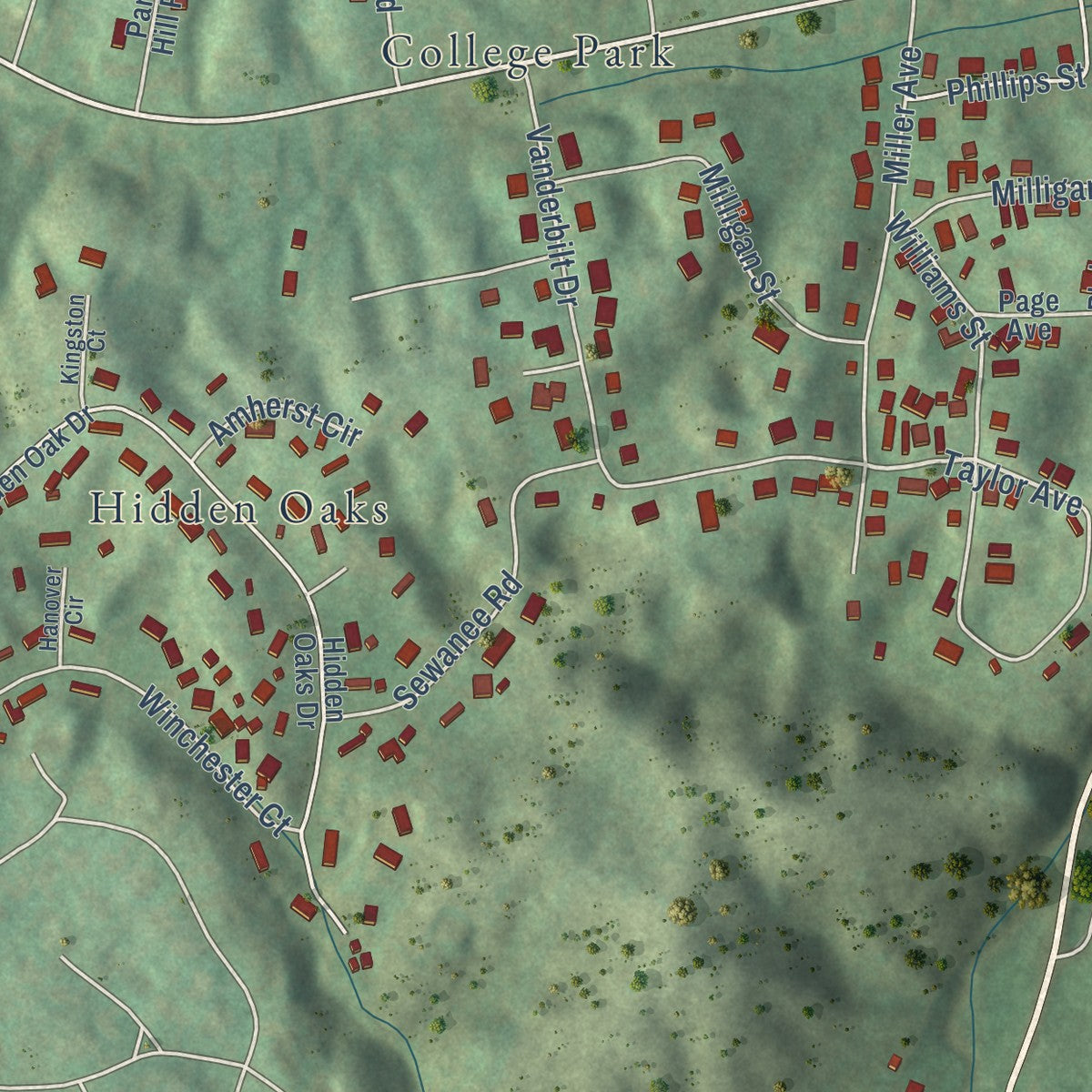 Second close-up of the map of Pine Crest, Tennessee print showing more streets and buildings