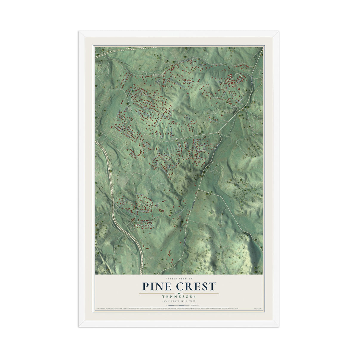 Map of Pine Crest, Tennessee, 12 x 18 inch print in a white wood frame