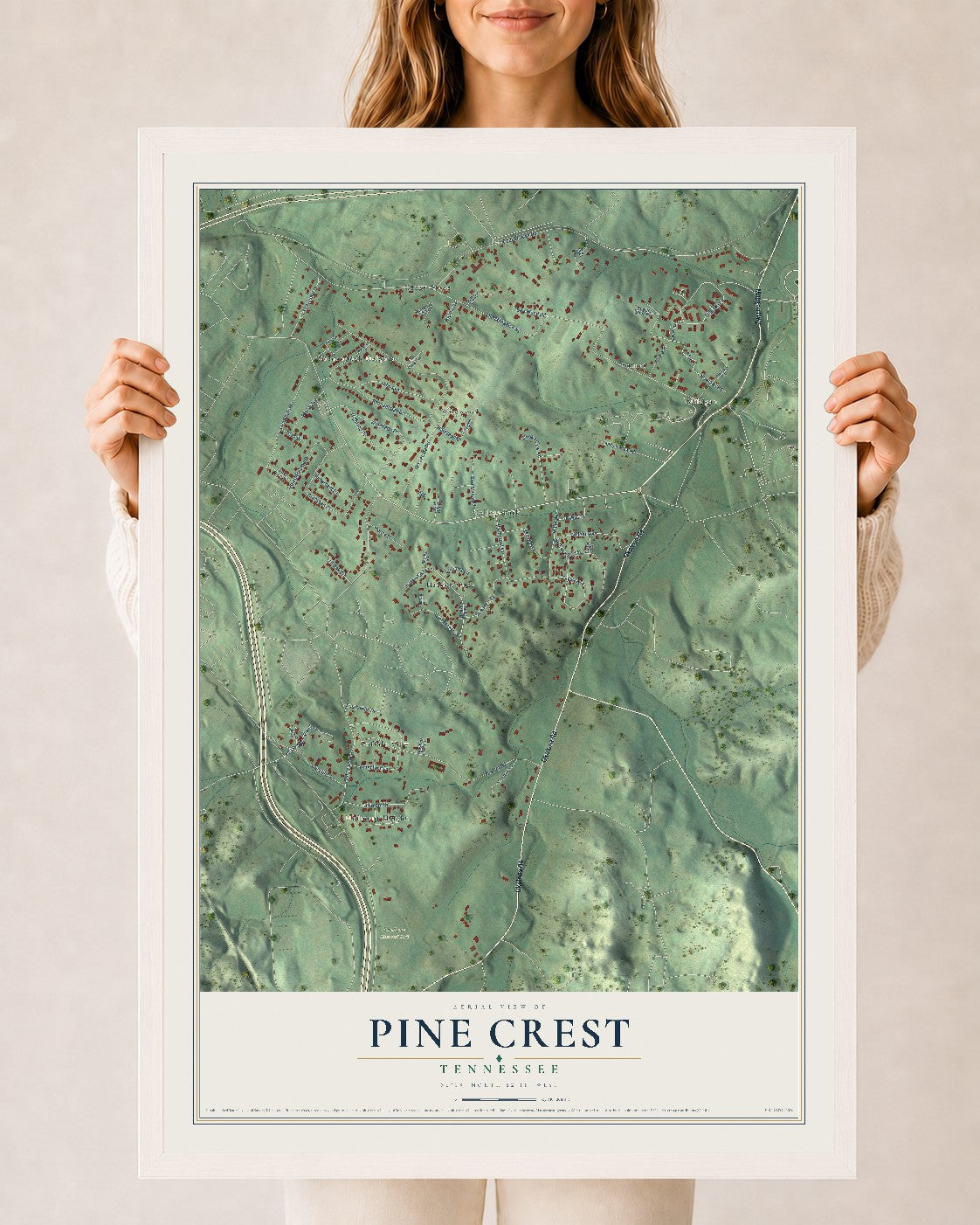 Map of Pine Crest, Tennessee, 24 x 36 inch print in a white wood frame
