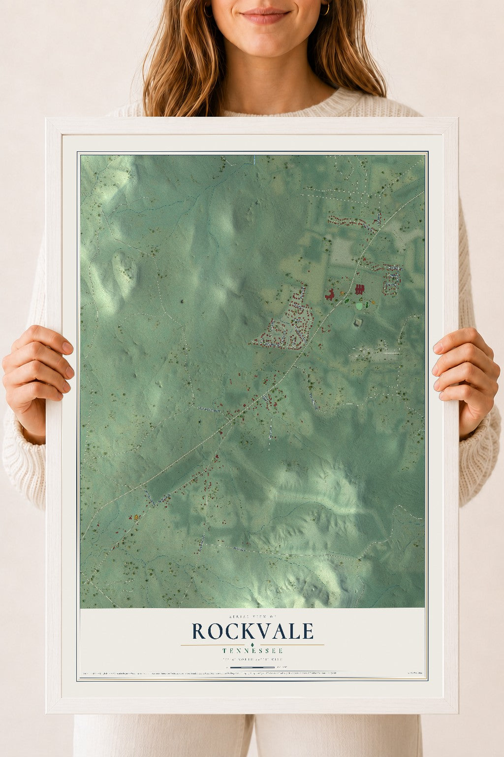 Map of Rockvale, Tennessee, 18 x 24 inch print in a white wood frame