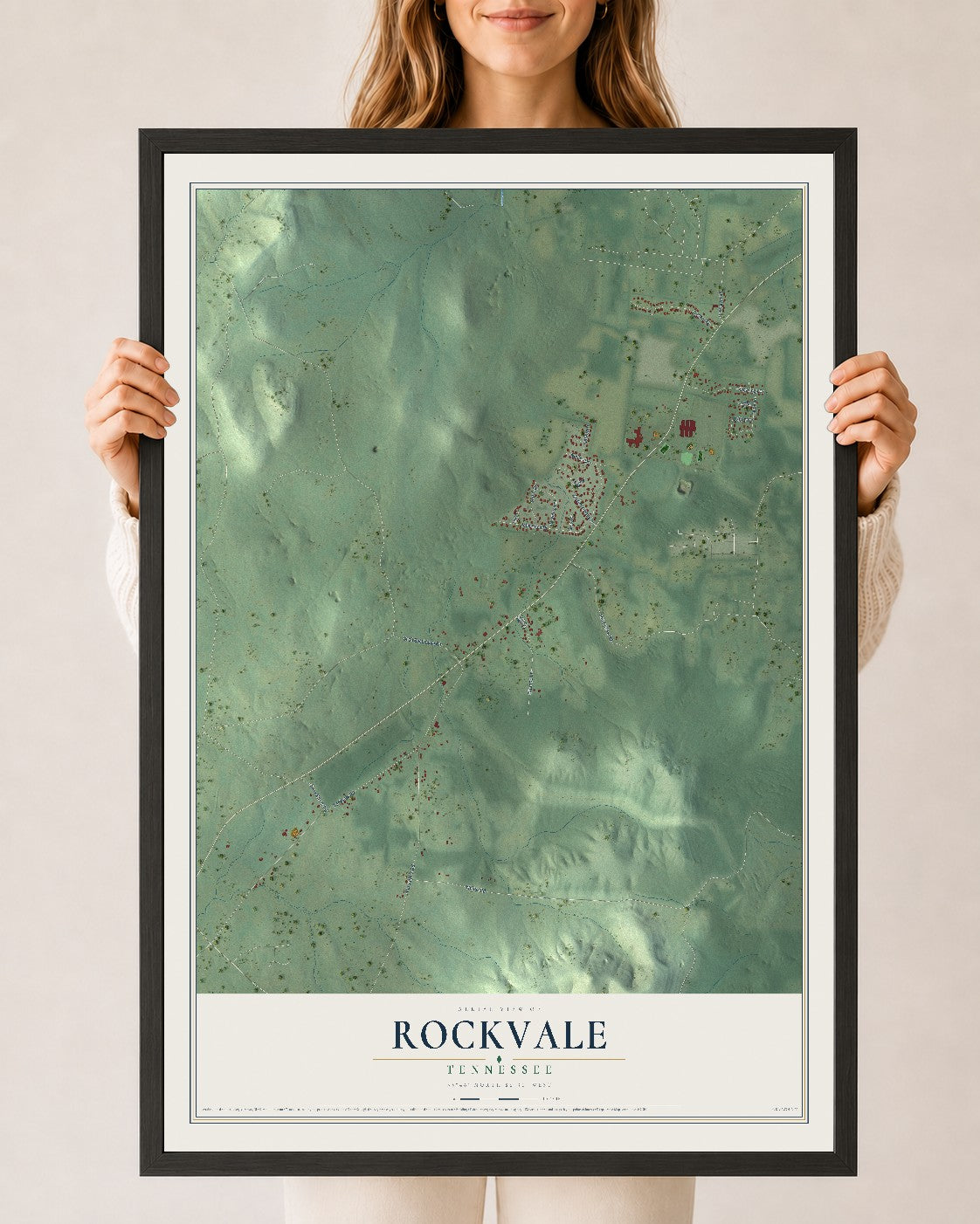 Map of Rockvale, Tennessee, 24 x 36 inch print in a black wood frame