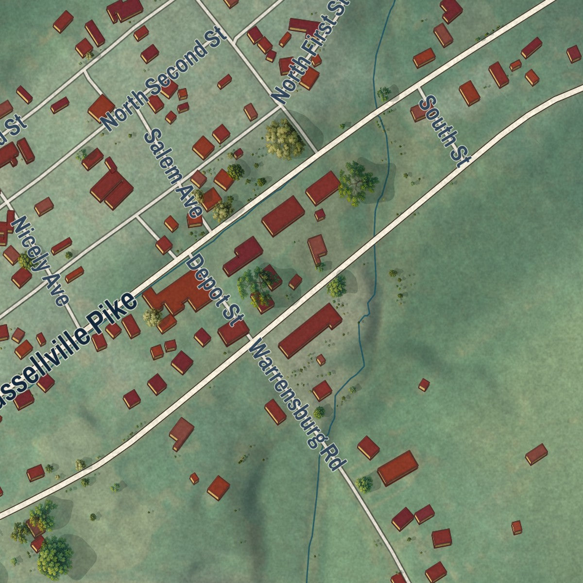 Close-up of the map of Russellville, Tennessee print showing street and building detail