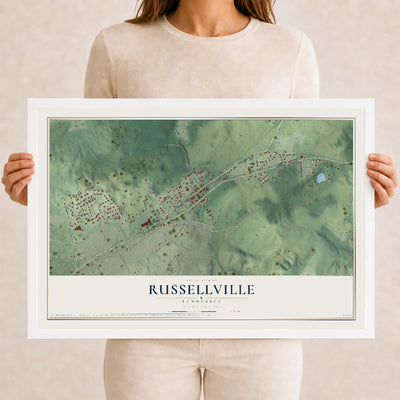Map of Russellville, Tennessee, 12 x 18 inch print in a white wood frame