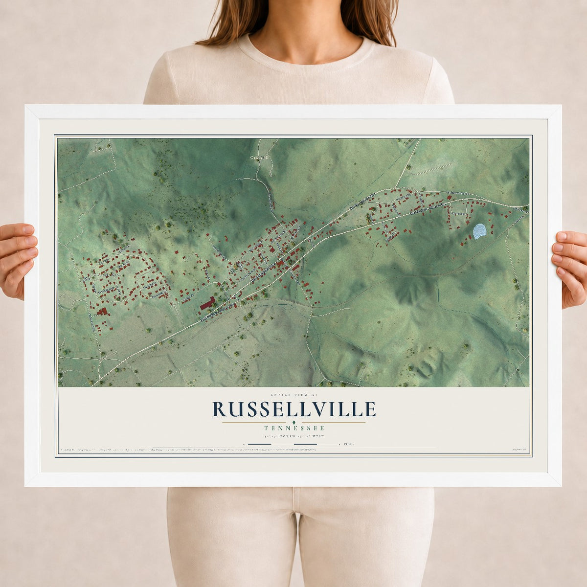 Map of Russellville, Tennessee, 18 x 24 inch print in a white wood frame