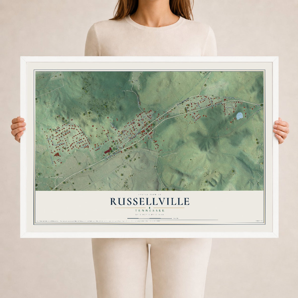 Map of Russellville, Tennessee, 24 x 36 inch print in a white wood frame