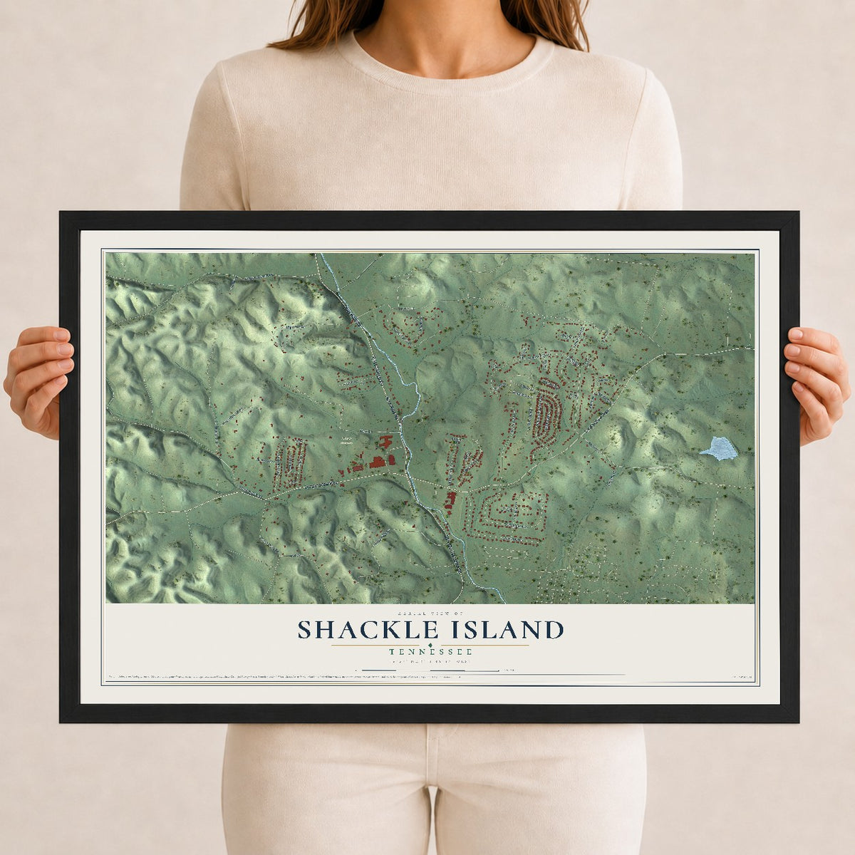 Map of Shackle Island, Tennessee, 12 x 18 inch print in a black wood frame