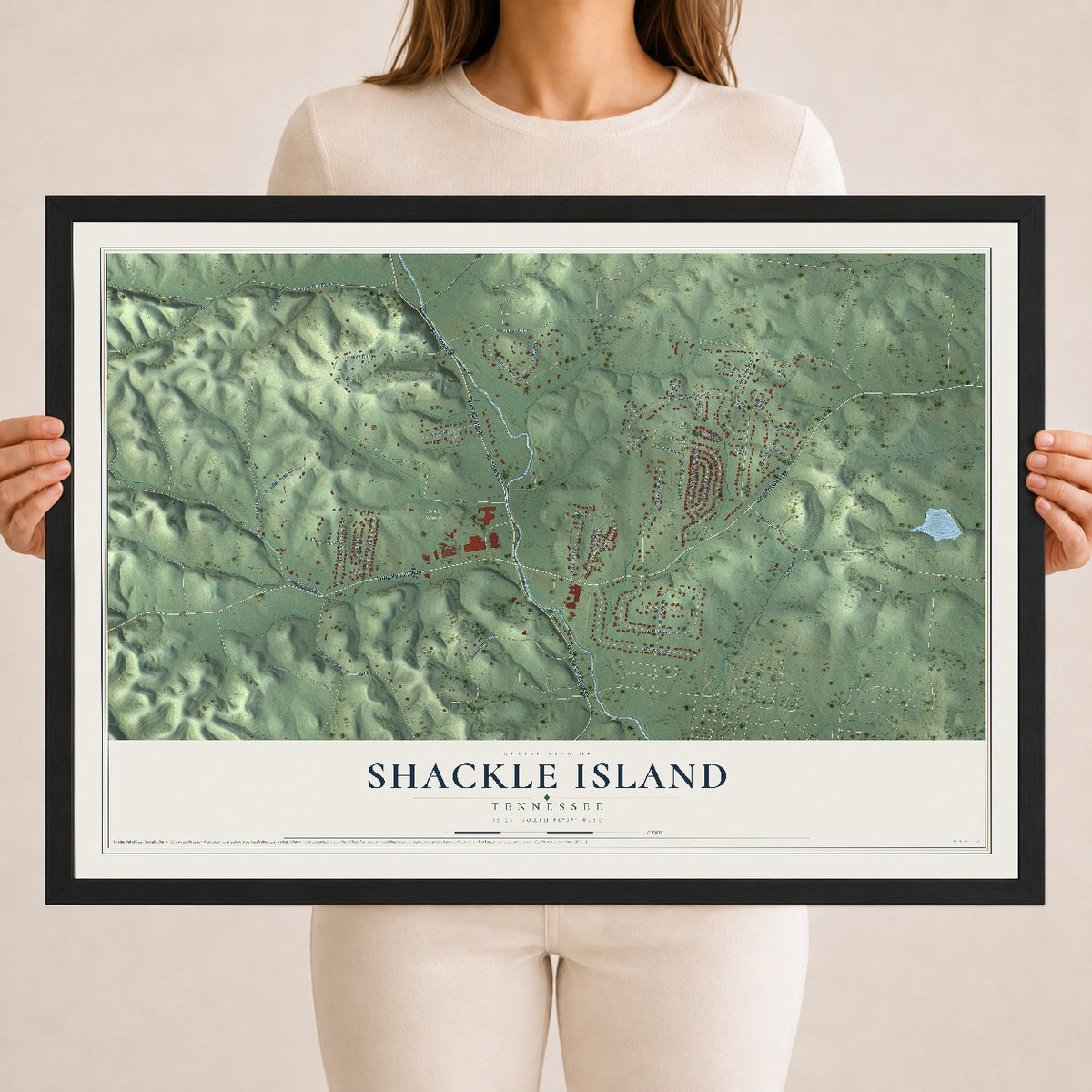 Map of Shackle Island, Tennessee, 18 x 24 inch print in a black wood frame