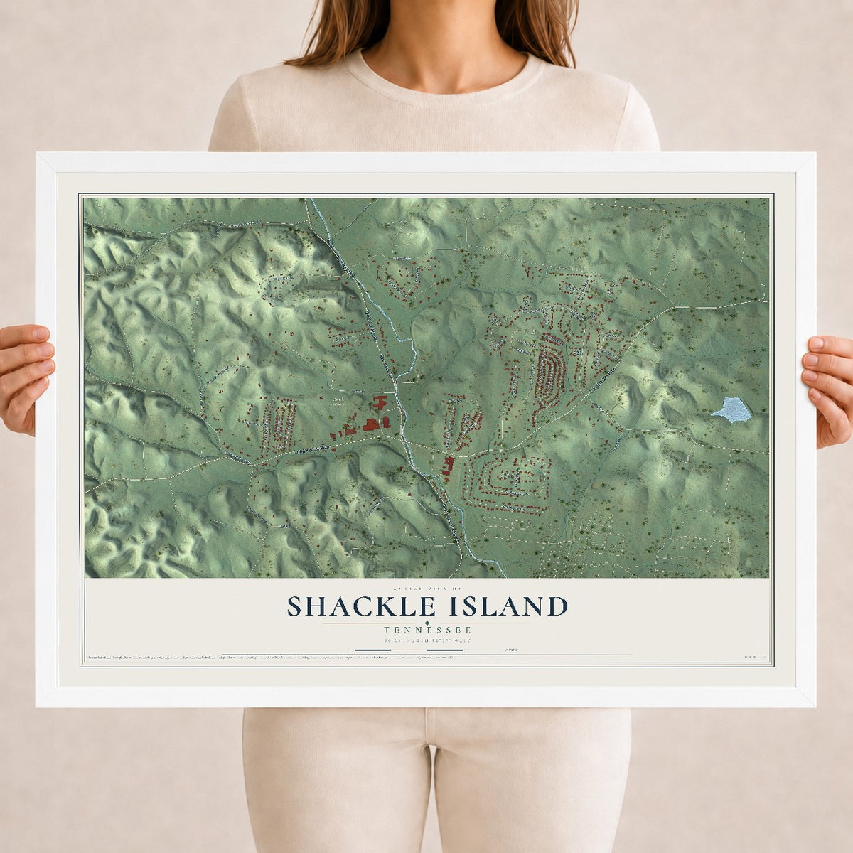 Map of Shackle Island, Tennessee, 18 x 24 inch print in a white wood frame