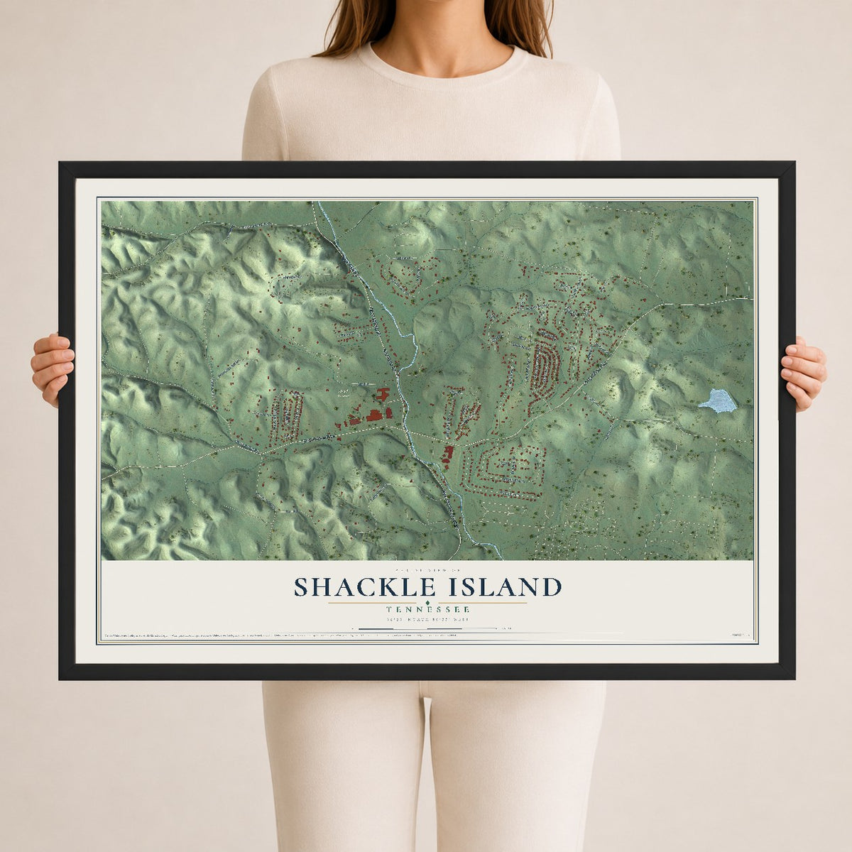 Map of Shackle Island, Tennessee, 24 x 36 inch print in a black wood frame