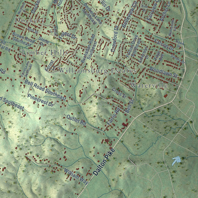 Close-up of the map of South Cleveland, Tennessee print showing street and building detail