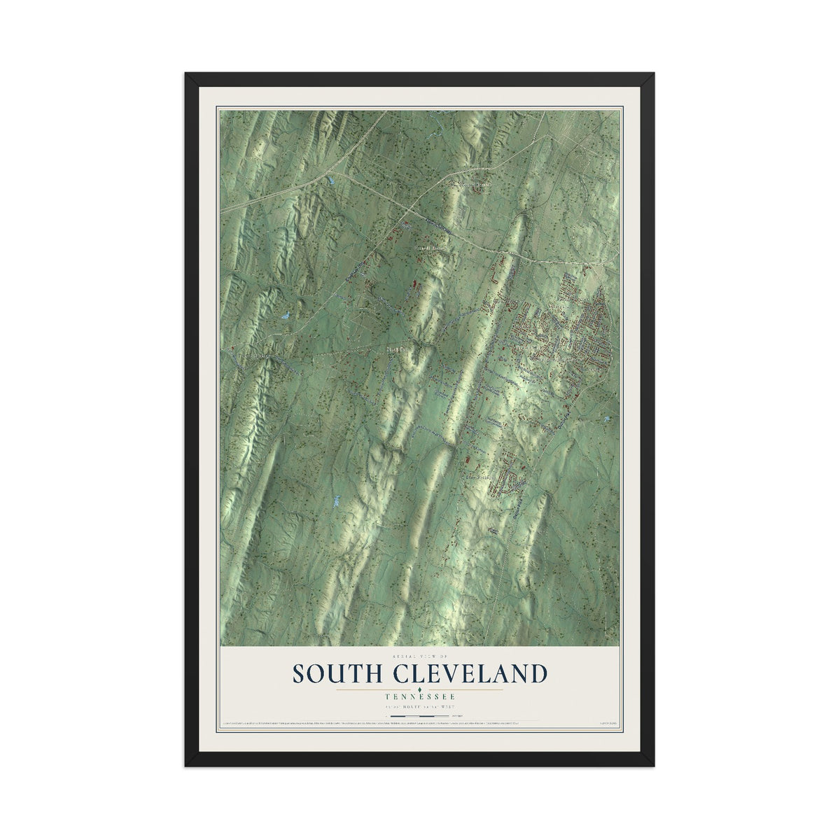 Map of South Cleveland, Tennessee, 12 x 18 inch print in a black wood frame