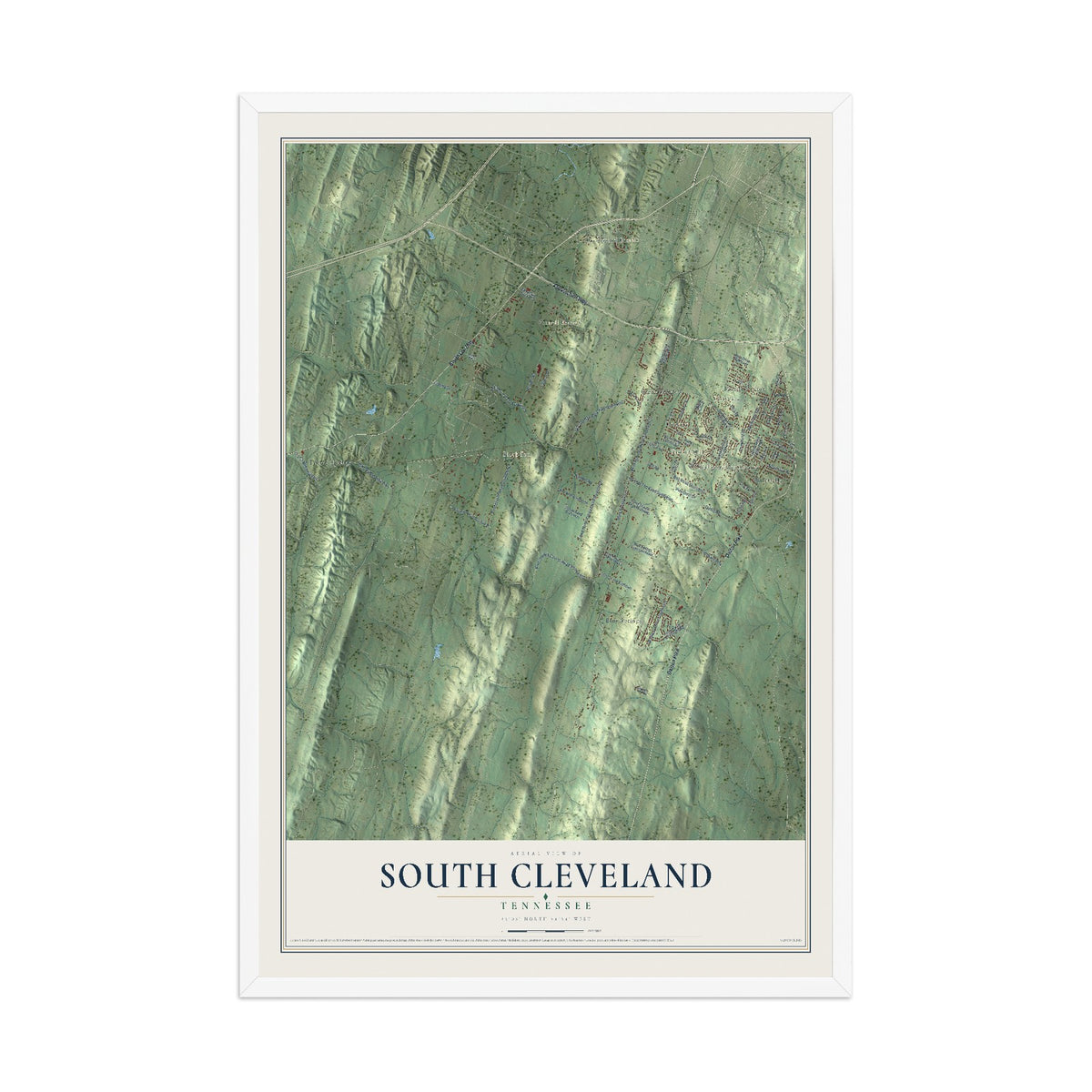 Map of South Cleveland, Tennessee, 12 x 18 inch print in a white wood frame