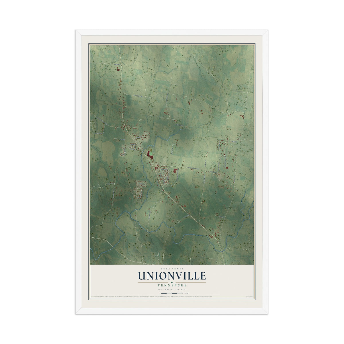 Map of Unionville, Tennessee, 12 x 18 inch print in a white wood frame
